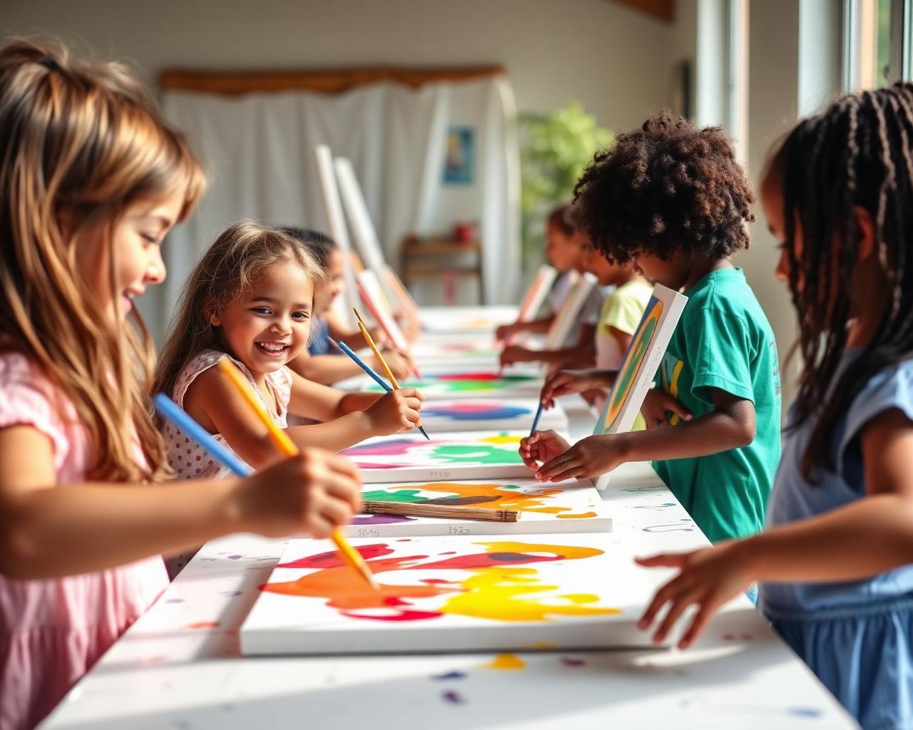 Crianças pintando telas em oficina de artes visuais