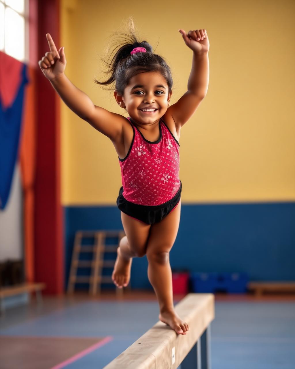 Menina praticando ginástica artística na trave