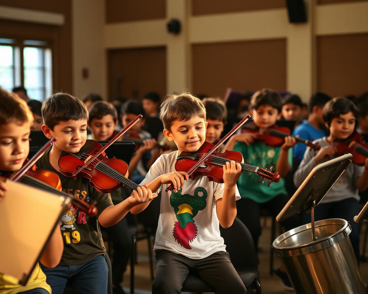 Crianças tocando violino em orquestra do projeto